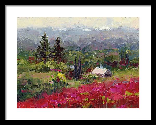 Crimson Hillside - plein air palette knife painting - Framed Print