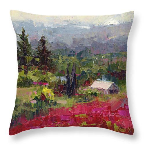 Crimson Hillside - plein air palette knife painting - Throw Pillow