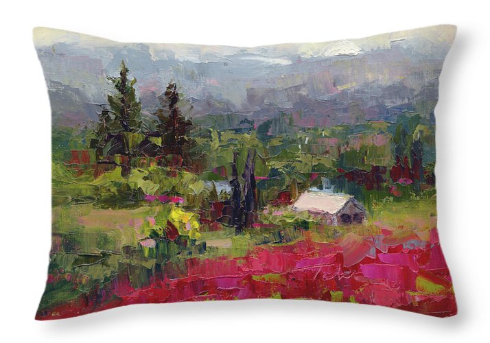 Crimson Hillside - plein air palette knife painting - Throw Pillow