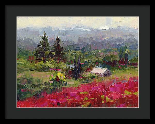 Crimson Hillside - plein air palette knife painting - Framed Print