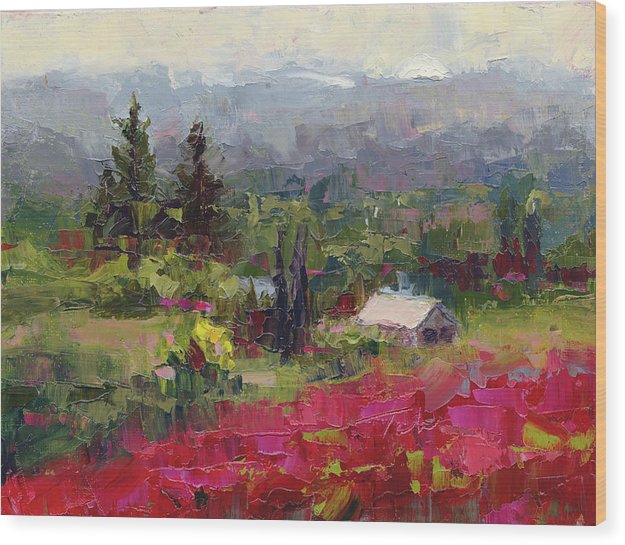 Crimson Hillside - plein air palette knife painting - Wood Print