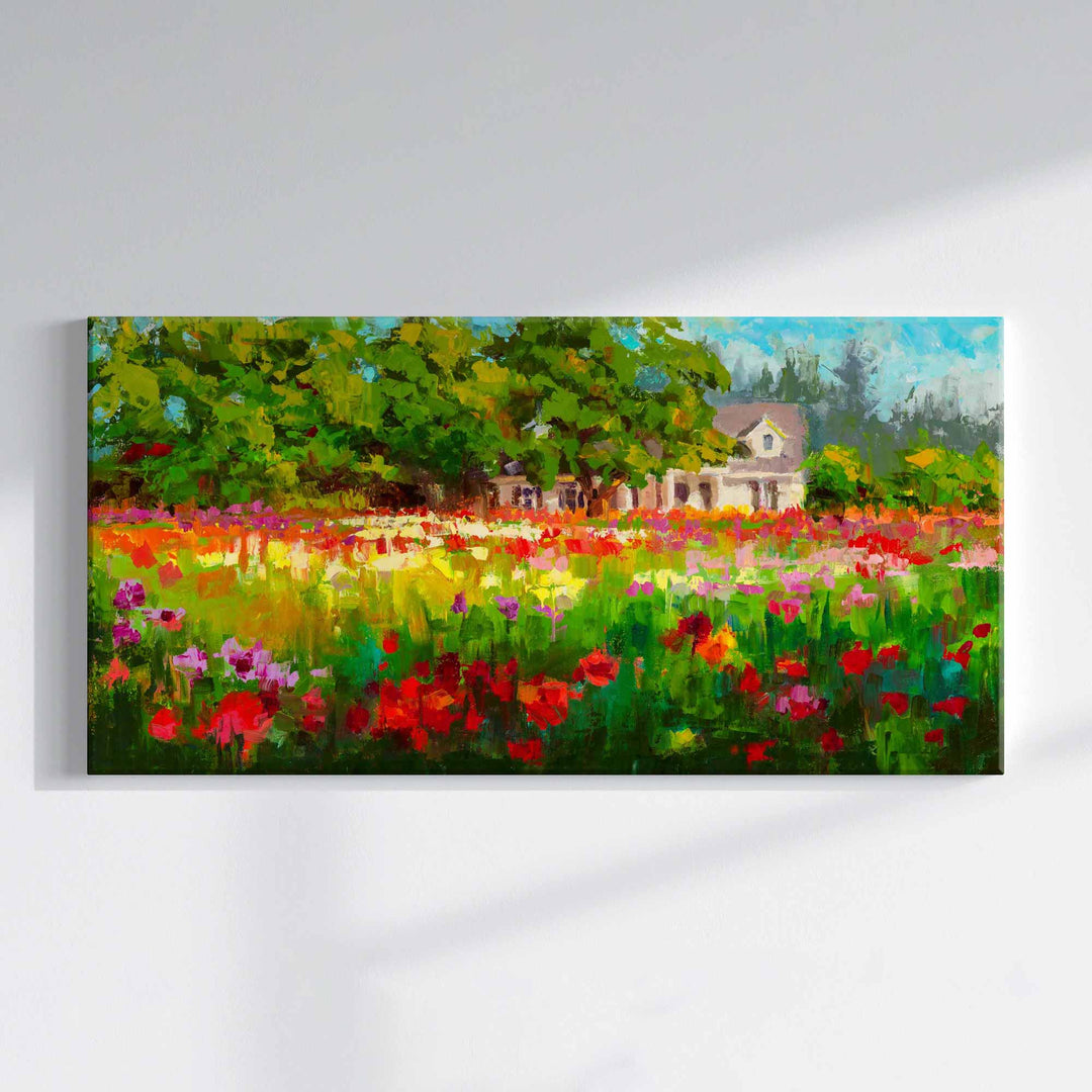 Impressionist canvas art print of a white farmhouse and trees behind a field of colorful dahlias in the afternoon light.