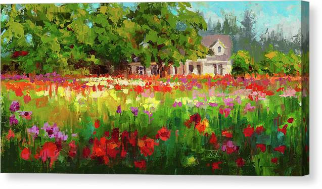Impressionist canvas art print with mirrored gallery wrap of a white farmhouse and trees behind a field of colorful dahlias in the afternoon light.