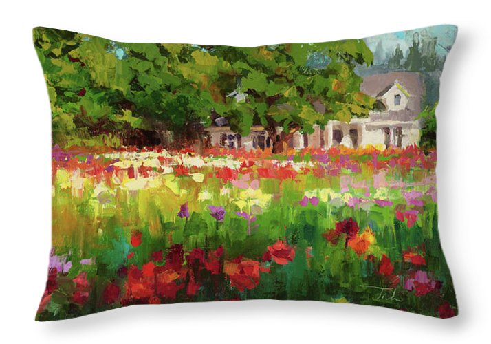 Dahlia Evening - landscape oil painting of Swan Island Dahlia farm in Oregon - Throw Pillow