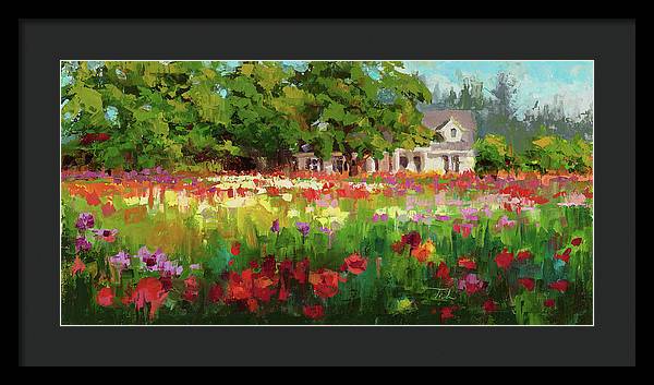 Dahlia Evening - landscape oil painting of Swan Island Dahlia farm in Oregon - Framed Print