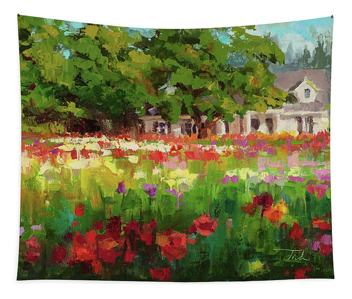 Dahlia Evening - landscape oil painting of Swan Island Dahlia farm in Oregon - Tapestry