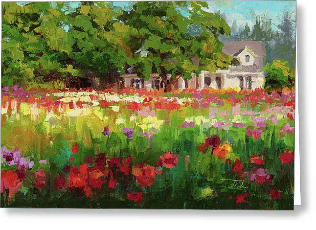 Dahlia Evening - landscape oil painting of Swan Island Dahlia farm in Oregon - Greeting Card