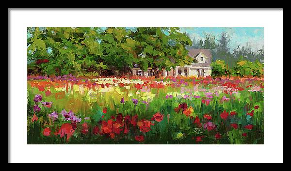 Dahlia Evening - landscape oil painting of Swan Island Dahlia farm in Oregon - Framed Print