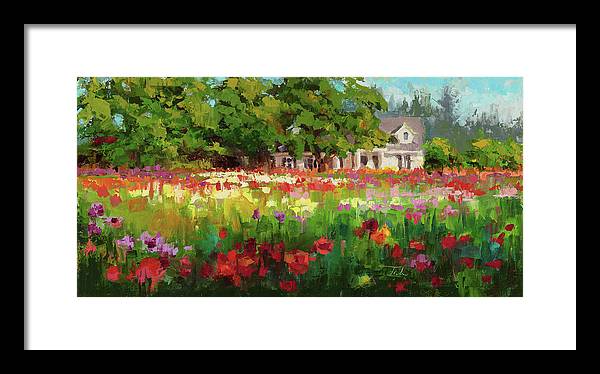 Dahlia Evening - landscape oil painting of Swan Island Dahlia farm in Oregon - Framed Print