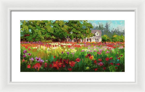 Dahlia Evening - landscape oil painting of Swan Island Dahlia farm in Oregon - Framed Print