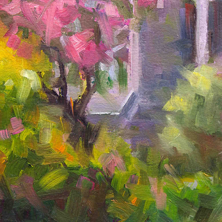 Detail close up view of lilac tree in painting image ofcanvas wall art print of The Guardian, a plein air oil painting in modern impressionism of lilac garden painting landscape by Oregon Artist Taya Johnson