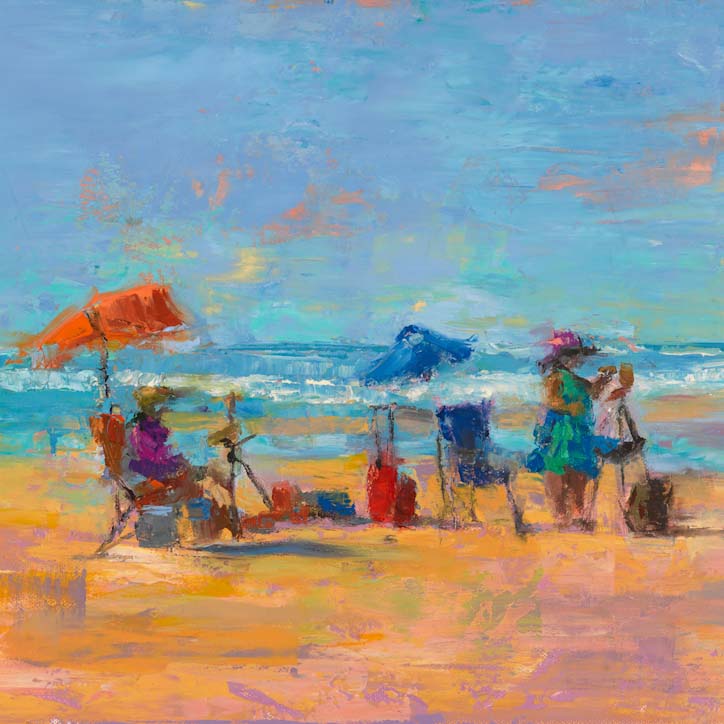 Detailed view of Some Beach, an original oil landscape painting for sale by Talya Johnson featuring artists plein air painting on beach with orange and blue umbrellas.