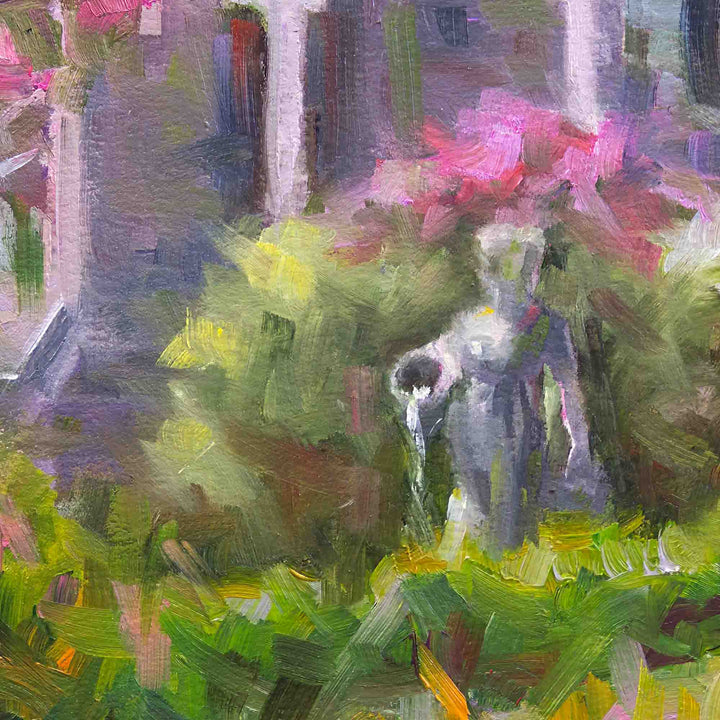 Detail close up view of statue in canvas wall art print of The Guardian, a plein air oil painting in modern impressionism of lilac garden painting landscape by Oregon Artist Taya Johnson