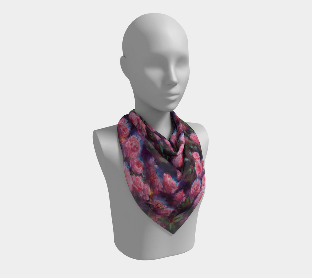 photo of Pink Roses Floral Pattern 100% Silk Charmeuse | Silk Modal | Poly Chiffon | Satin | Square Scarf Wrap Shawl