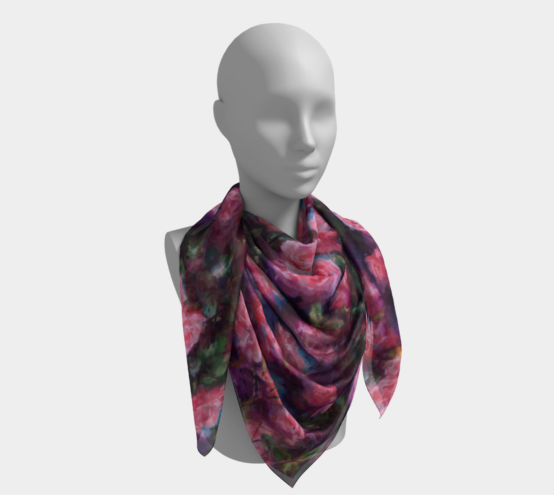 photo of Pink Roses Floral Pattern 100% Silk Charmeuse | Silk Modal | Poly Chiffon | Satin | Square Scarf Wrap Shawl