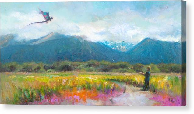 Face Off - Boy facing his dragon kite - Canvas Print