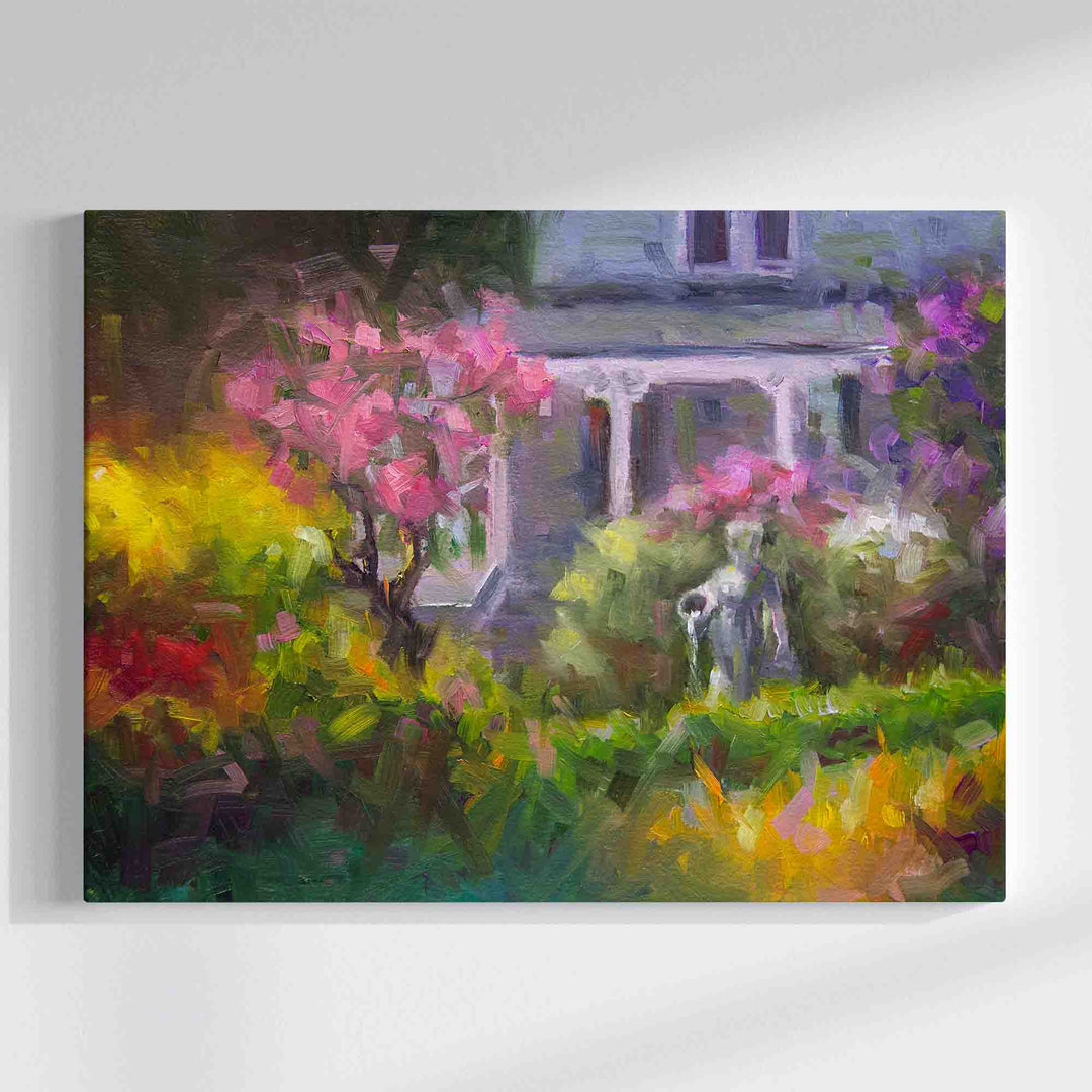 Strait on view of canvas wall art print of The Guardian, a plein air oil painting in modern impressionism of lilac garden painting landscape by Oregon Artist Taya Johnson
