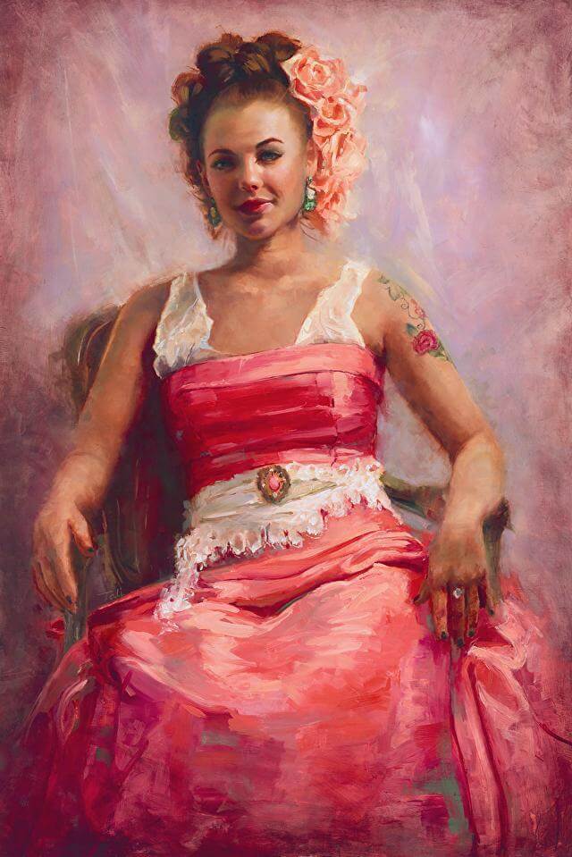Original impressionist oil portrait of a young woman with a flower tattoo in a vintage dress by Talya Johnson