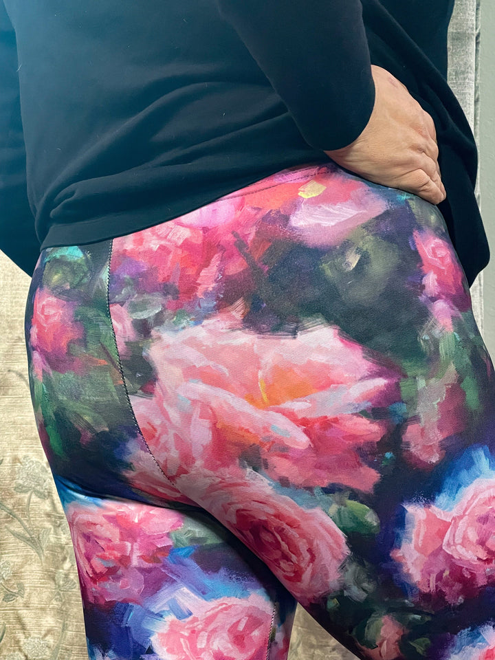 photo of woman wearing Compression Leggings XS to XXL Plus sizes in floral pattern