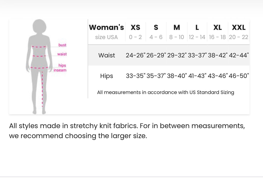 size chart for Compression Leggings XS to XXL Plus sizes in floral pattern