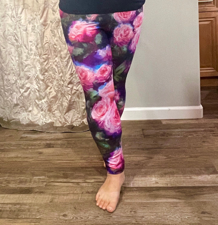 photo of woman wearing Compression Leggings XS to XXL Plus sizes in floral pattern