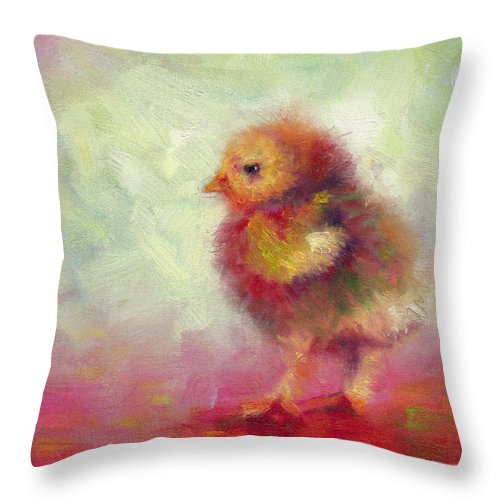 throw pillow with impressionist artwork of a baby chicken by talya johnson 