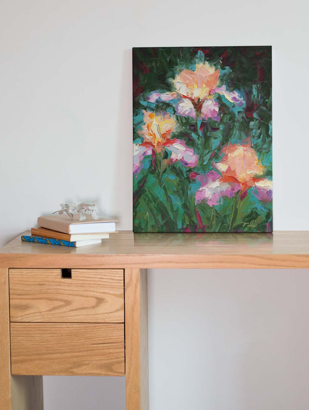 Iris Foxfire - floral palette knife oil painting irises by talya johnosn - Art Print - mockup with desk