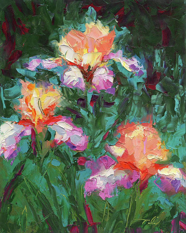 Iris Foxfire - floral palette knife oil painting irises by talya johnosn - Art Print