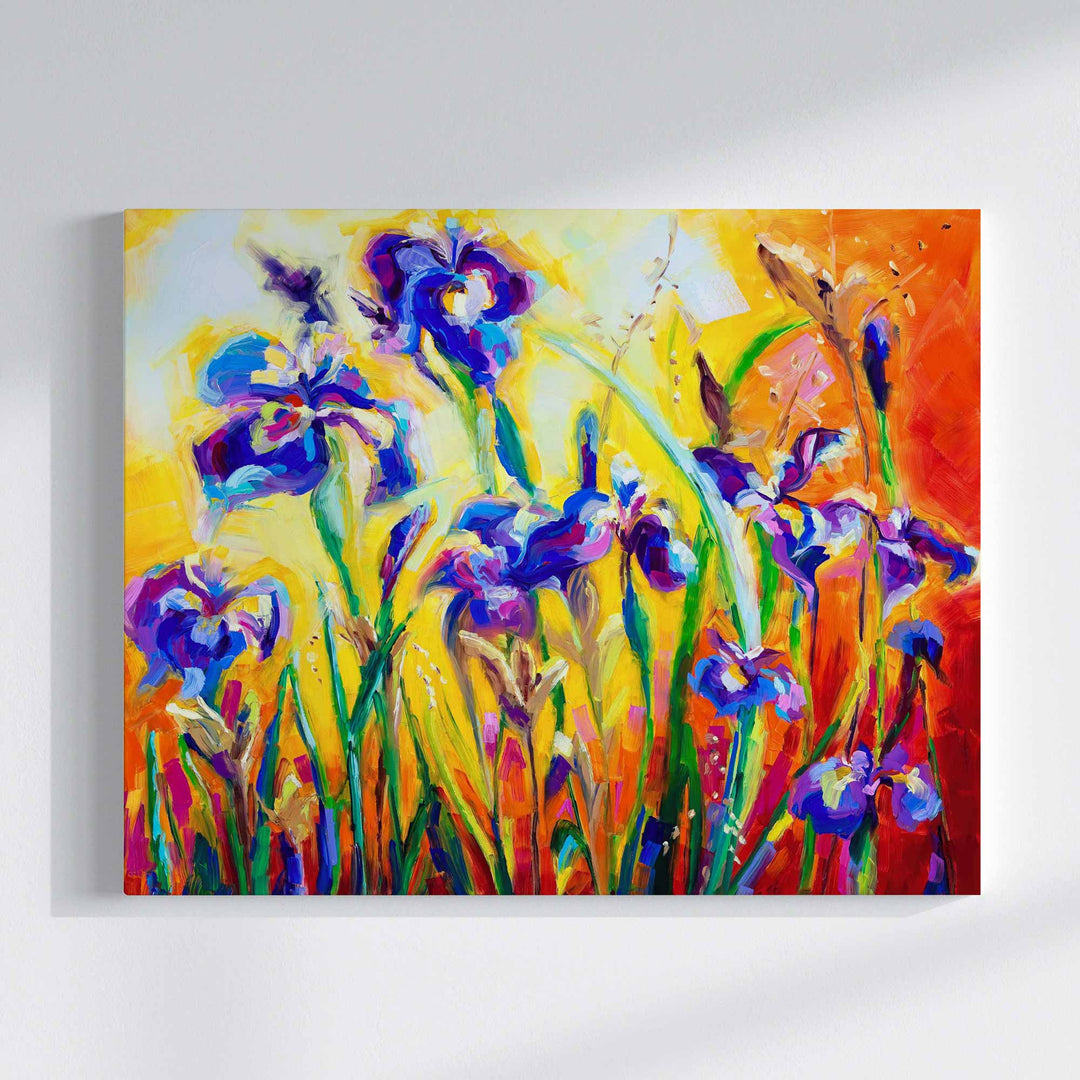 Alpha and Omega: A custom canvas print of a field of bright blue irises painted against a sunny abstract background in the impressionist style by Talya Johnson.