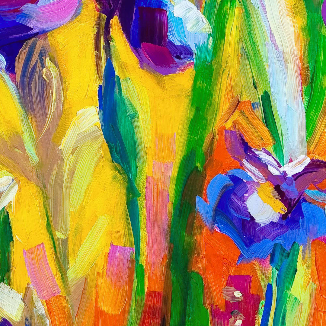 Detail of Alpha and Omega focusing on stems: an oil painting of a field of bright blue irises painted against a sunny abstract background in the impressionist style by Talya Johnson.
