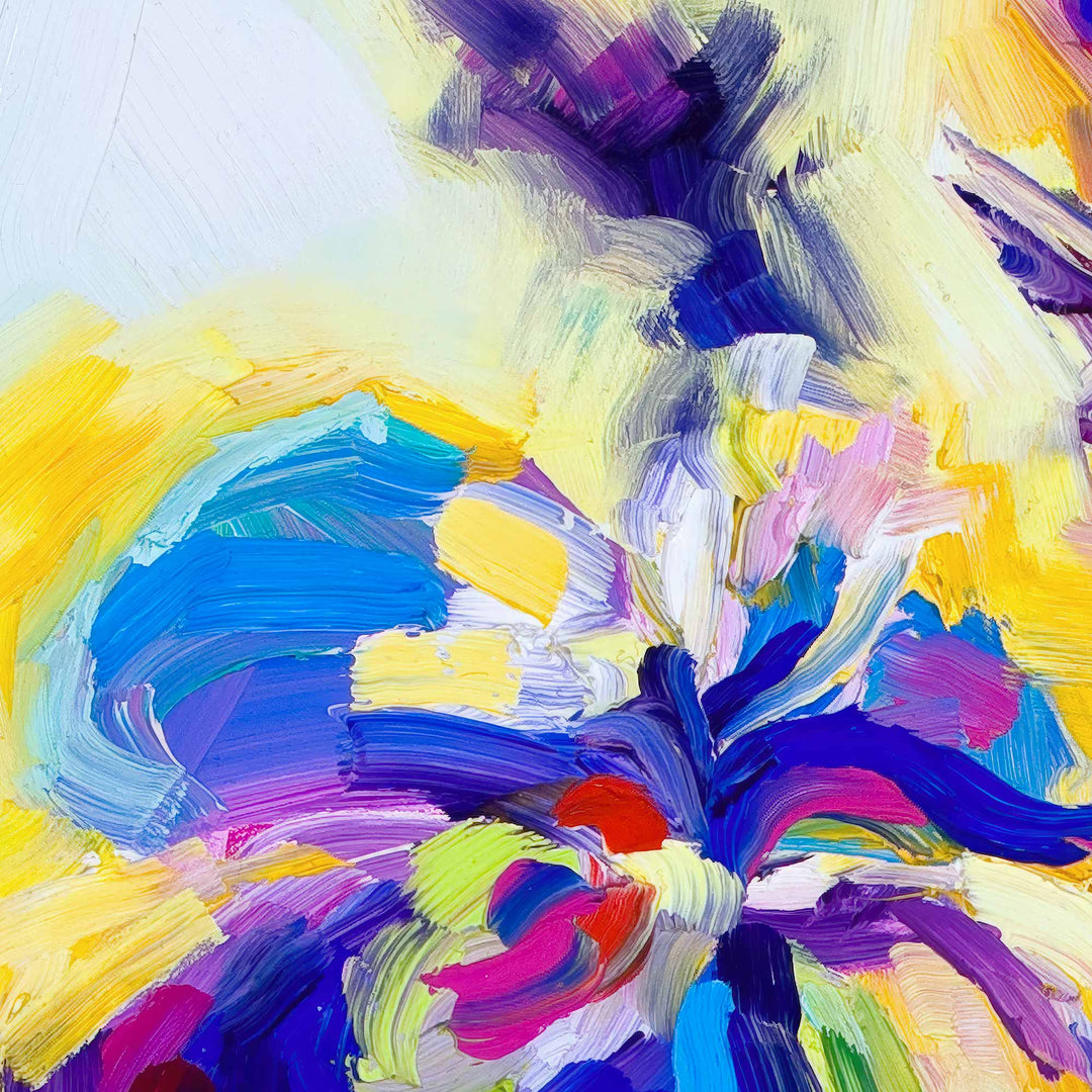 Detail of Alpha and Omega focusing on blossom: an oil painting of a field of bright blue irises painted against a sunny abstract background in the impressionist style by Talya Johnson.