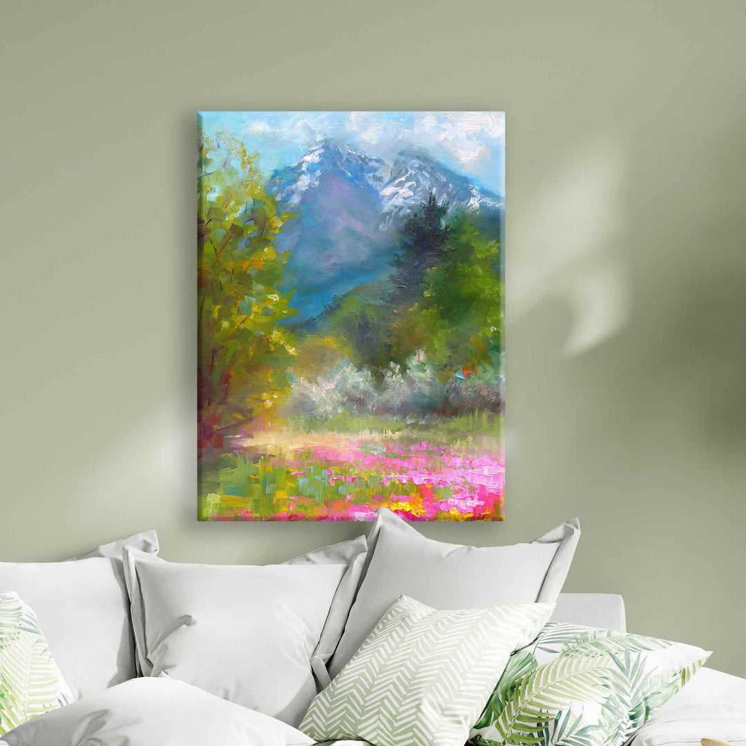 Large Canvas Wall art of Alaskan landscape wildflower field in front of Pioneer Peak, original painted by contemporary impressionist Talya Johnson hanging on living room interior wall.
