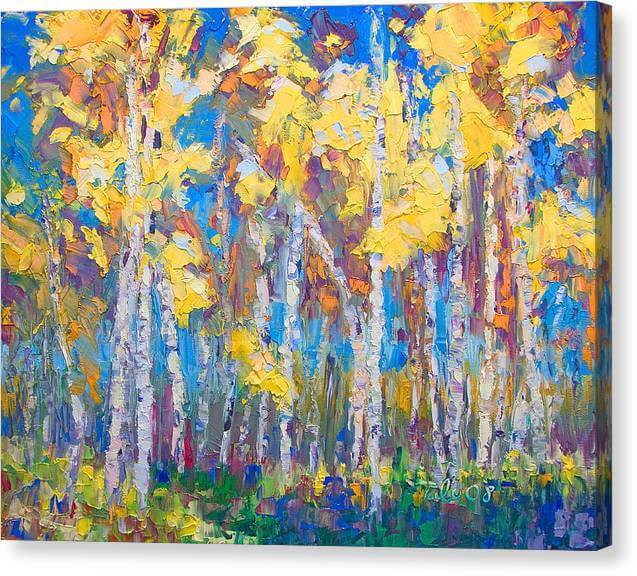 Last Stand: Canvas Print of abstracted palette knife oil painting of birch and aspen trees by Talya Johnson. Mirror wrapped canvas.