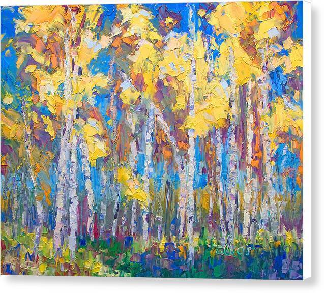 Last Stand: Canvas Print of abstracted palette knife oil painting of birch and aspen trees by Talya Johnson. White wrapped canvas.