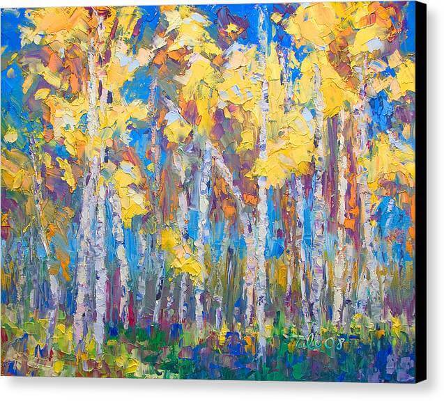 Last Stand: Canvas Print of abstracted palette knife oil painting of birch and aspen trees by Talya Johnson. Black wrapped canvas.