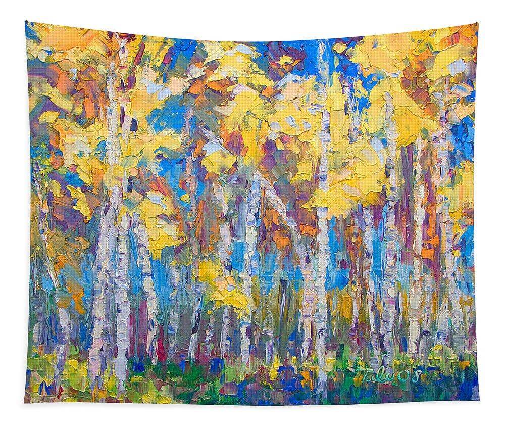 Wall Tapestry featuring impressionist landscape painting titled Last Stand of fall aspen and birch trees by Talya Johnson