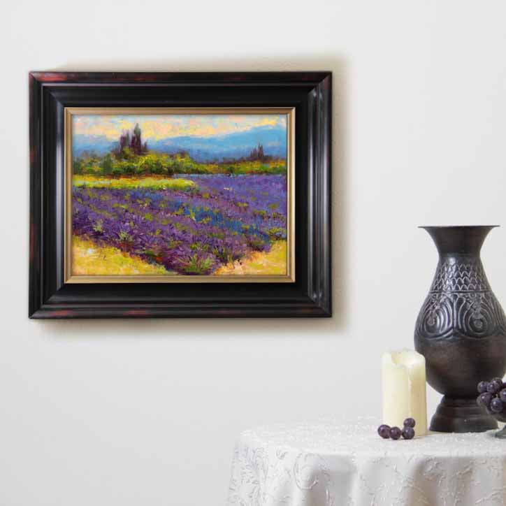 Lavender farm original landscape oil painting, framed and hanging on interior wall, by Talya Johnson