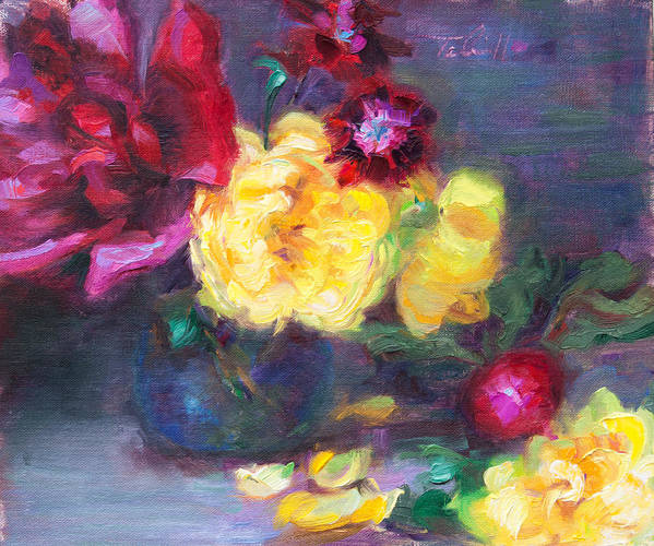 Lemon and Magenta - flowers and radish - Art Print