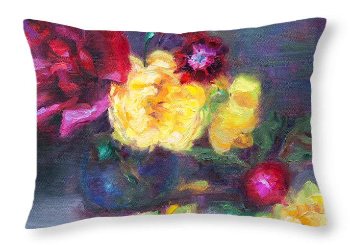 Lemon and Magenta flowers and radish Throw Pillow with floral impressionist artwork by talya johnson