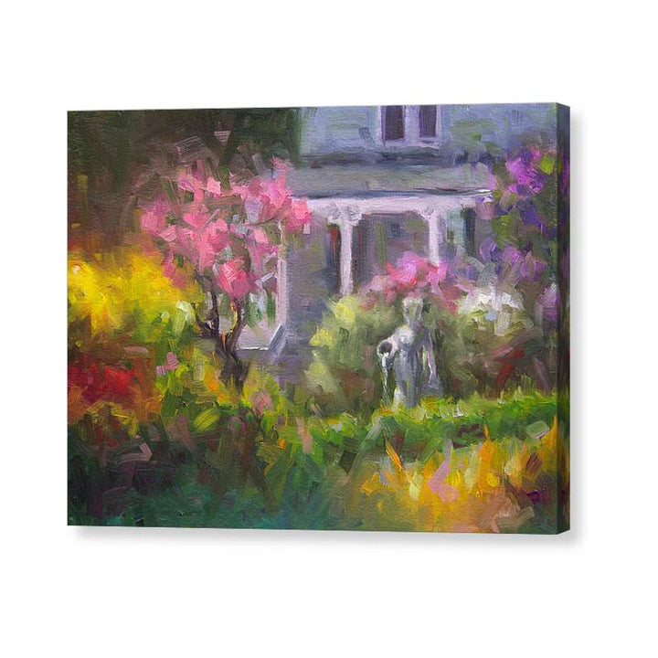 Three quarter view of canvas wall art print of The Guardian, a plein air oil painting in modern impressionism of lilac garden painting landscape by Oregon Artist Taya Johnson