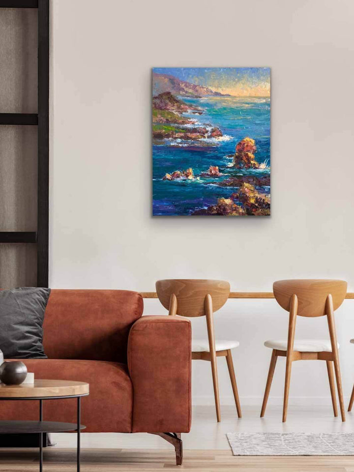 Big Sur: Original Abstract Beach Coastal Palette Knife Oil Painting Textured Impressionist Art in Blue, Turquoise, and Metallic Gold Colors by Talya Johnson mockup