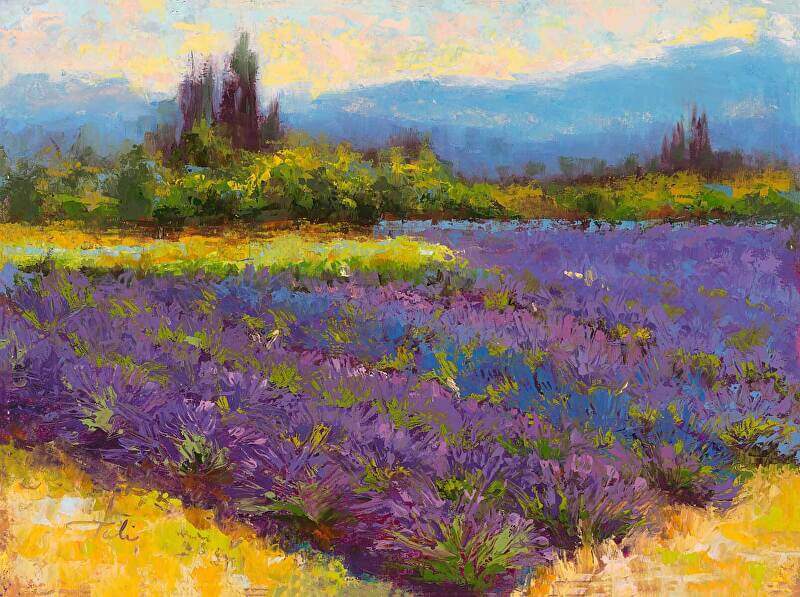 Morning Prelude: Lavender Lake Landscape original oil painting for sale, lavender, trees and mountains painted with a palette knife by Oregon artist Talya Johnson.
