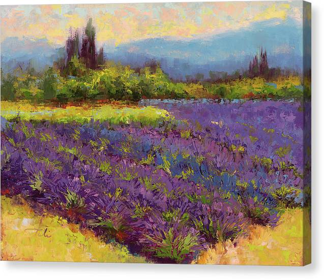 Lavender field landscape original oil painting of farm in Oregon by Talya Johnson on canvas print with mirror wrap sides.