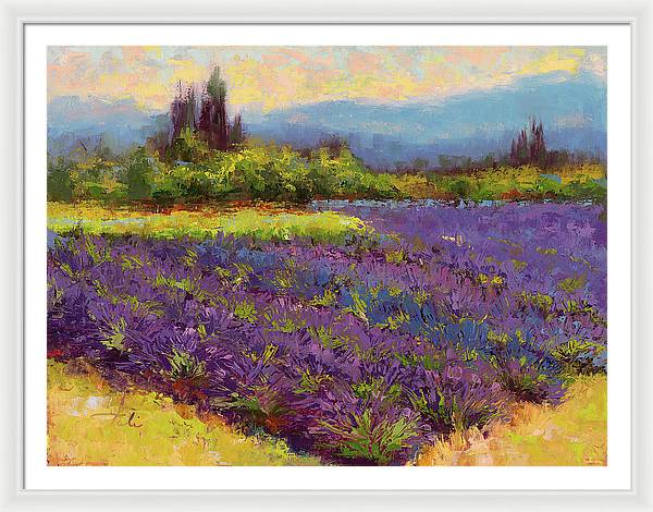 Framed Print of Morning Prelude - lavender landscape painting  - Framed Print by Talya Johnson