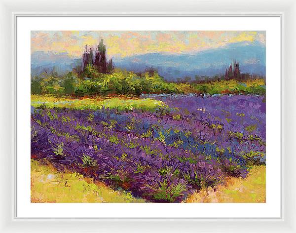 Framed Print of Morning Prelude - lavender landscape painting  - Framed Print by Talya Johnson