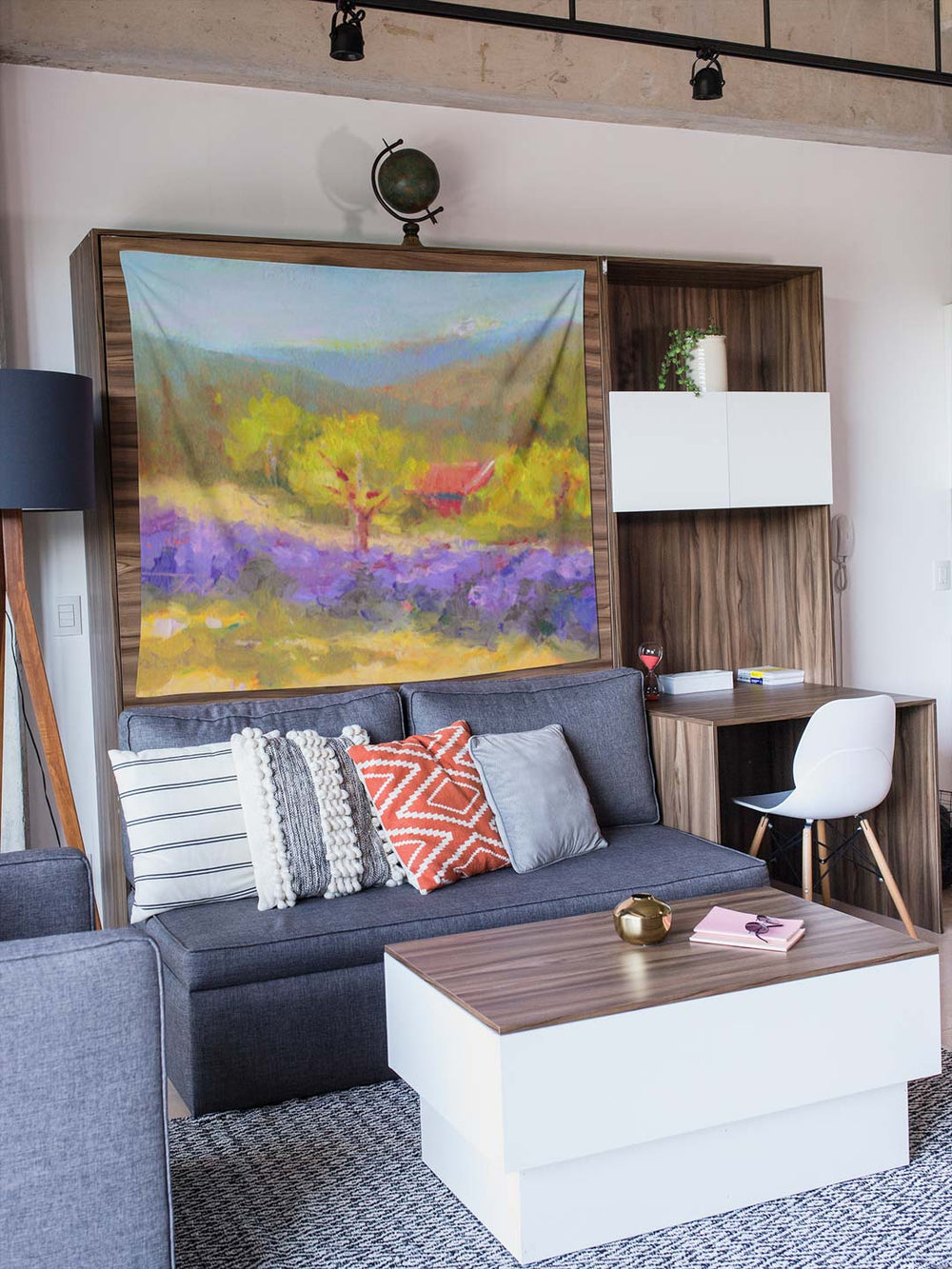 Mountainside Lavender by talya johnson impressionist landscape artwork wall tapestry mockup hanging in a modern studio