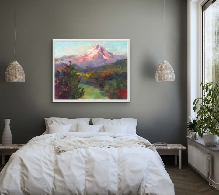 Rise and Shine - Mt. Hood landscape painting by Talya Johnson - Art Print - framed wall art hanging in bedroom