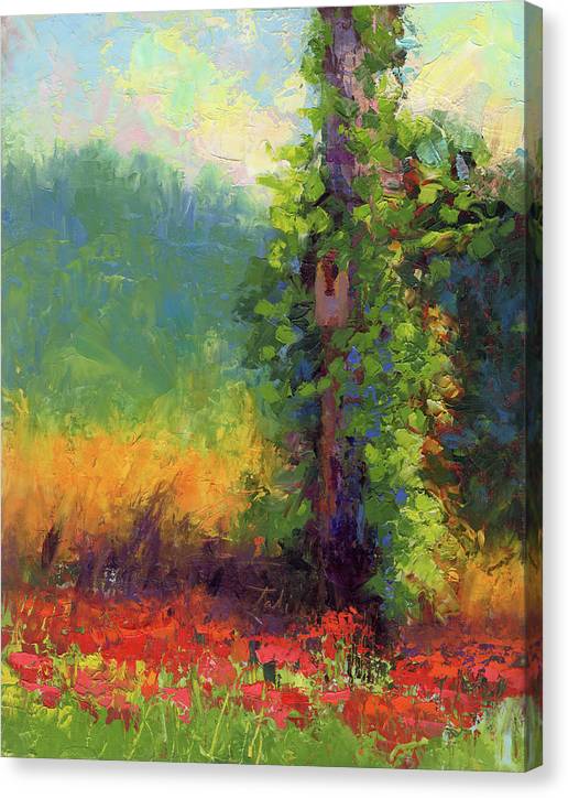 Nesting - palette knife painted landscape with bird nest green hills and red poppies - Canvas Print