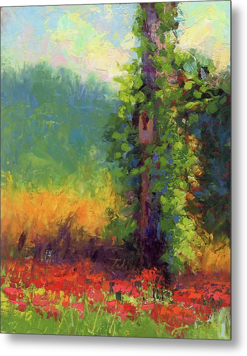 Nesting - palette knife painted landscape with bird nest green hills and red poppies - Metal Print