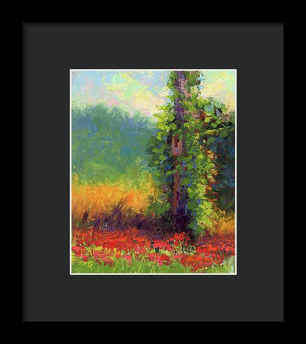 Nesting - palette knife painted landscape with bird nest green hills and red poppies - Framed Print